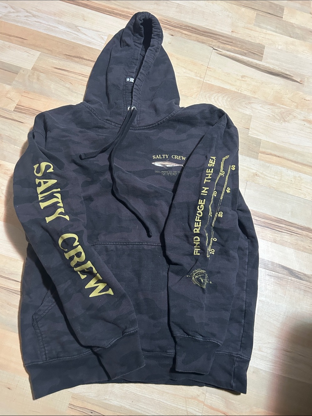 Salty Crew Black Hoodie with Yellow Sleeve Graphics